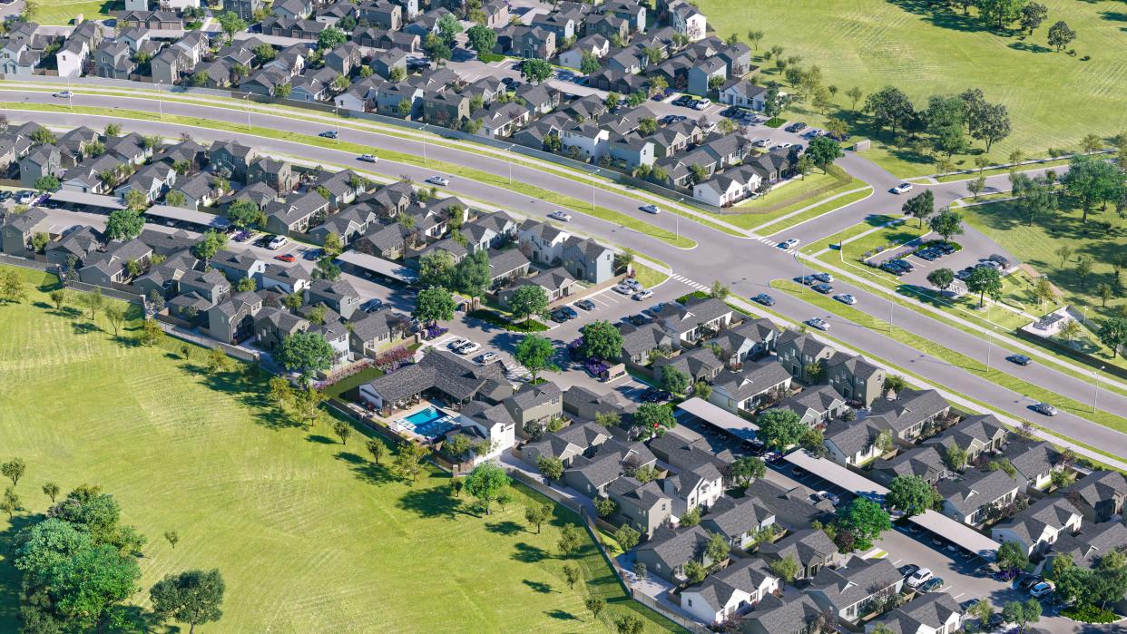 This rendering shows what the YardHome Meadow Lake project, a collection of 247 single-family homes for rent, will look like once built in Round Rock. The homes will have one-, two- and three-bedroom units, each with a fenced-in backyard. The first homes are expected to be ready for residents in late March.
