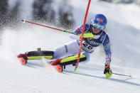 United States' Mikaela Shiffrin competes during the slalom portion of the women's combined race, at the alpine ski World Championships, in Cortina d'Ampezzo, Italy, Monday, Feb. 15, 2021. (AP Photo/Marco Trovati)