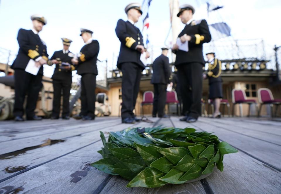 A wreath rests at the spot where Admiral Lord Nelson was shot and fell at the battle of Trafalgar, after a ceremony onboard HMS Victory in Portsmouth to mark the 216th anniversary of the Battle of Trafalgar (Andrew Matthews/PA) (PA Wire)