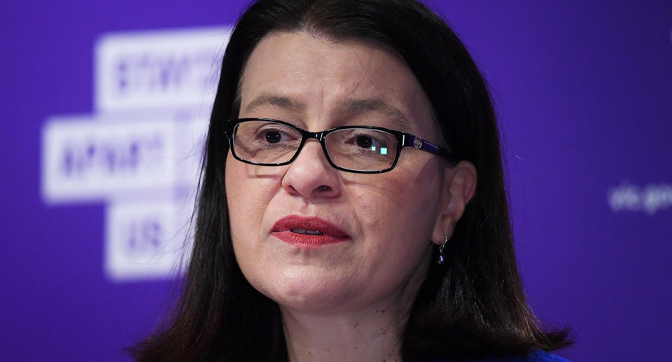 Victorian Health Minister Jenny Mikakos addresses the media during a press conference in Melbourne.