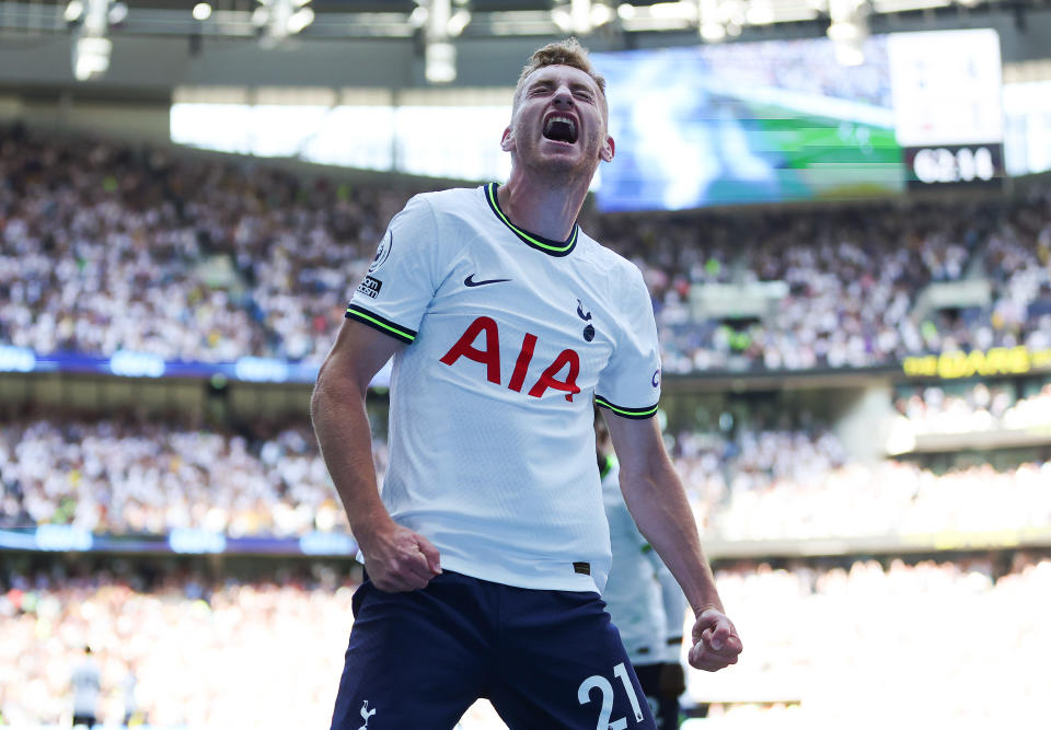 Tottenham winger Dejan Kulusevski celebrates scoring against Southampton in the English Premier League. 