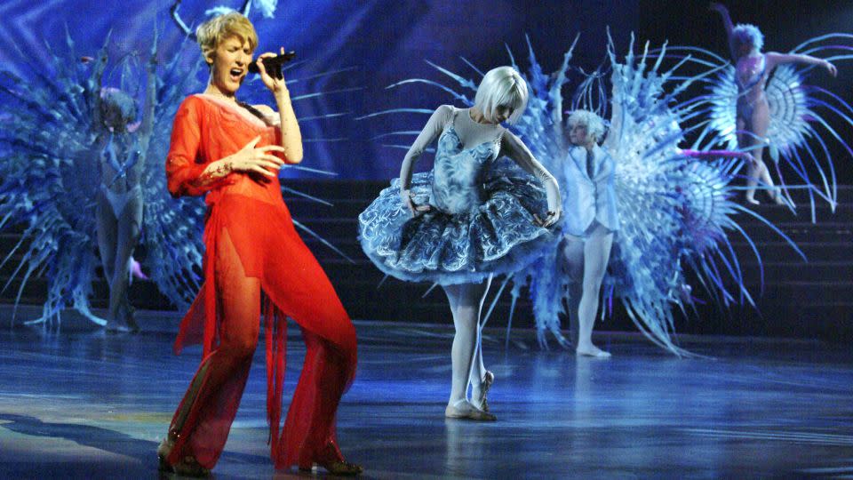 Celine Dion and her dancers rehearsing for a 2003 performance of Dion's 'A New Day' residency at The Colosseum at Caesars Palace in Las Vegas. - Tomasz Rossa/CDA Productions Inc/Getty Images