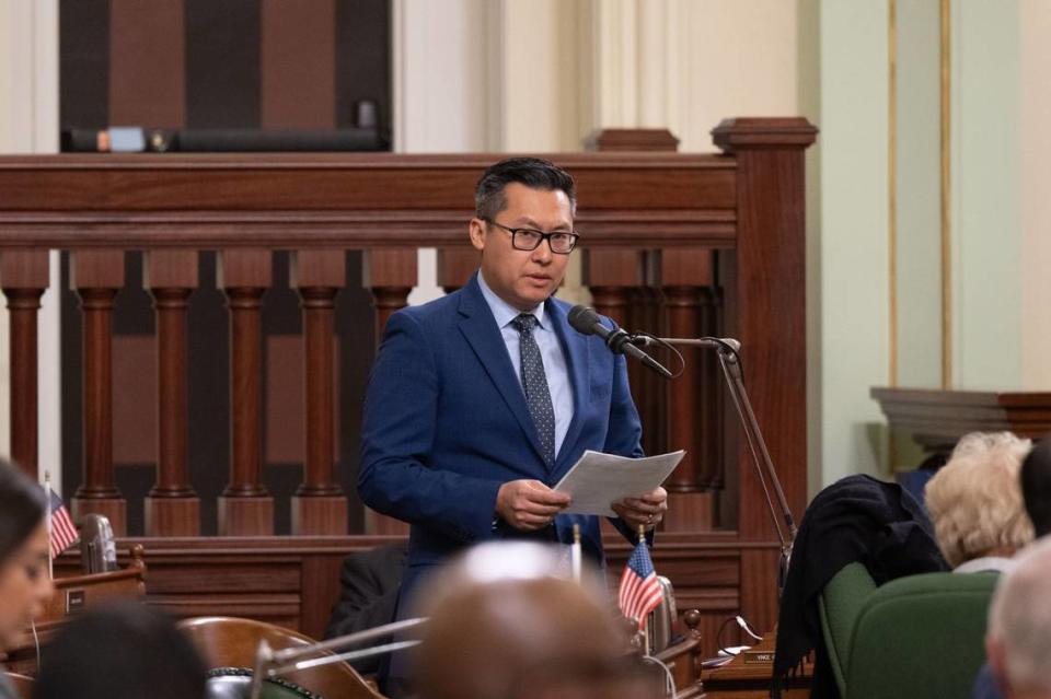 Vince Fong, R-Bakersfield, vice chair of the Assembly Budget Committee, asks legislators during a floor speech on Thursday, April 11, 2024, to vote against a bill that would cut $17 billion of state spending. Fong said the bill “only pushes this crisis into the future.” Hector Amezcua/hamezcua@sacbee.com