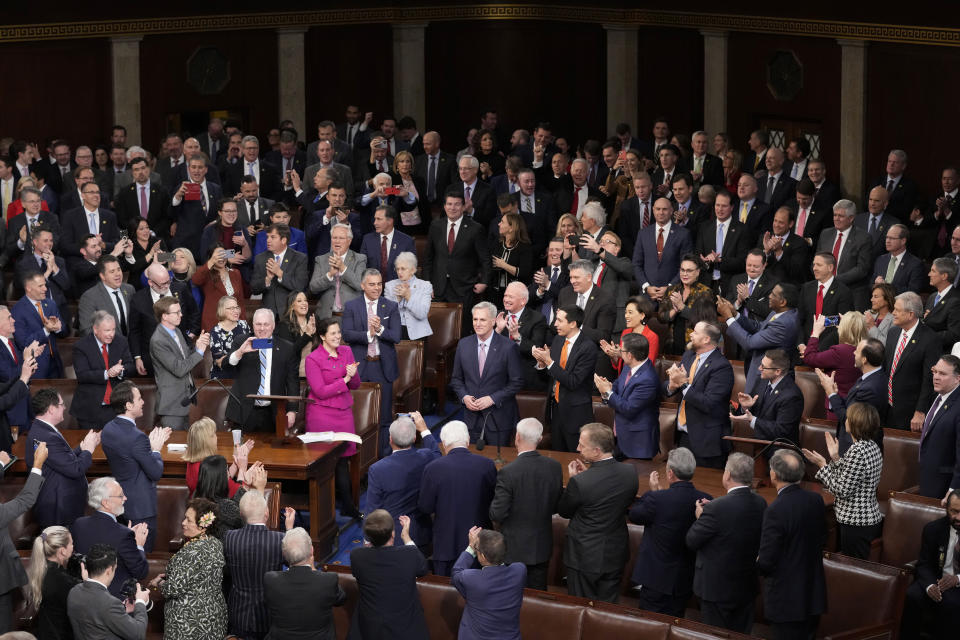 FILE - Rep. Kevin McCarthy, R-Calif., smiles after winning the 15th vote in the House chamber as the House enters the fifth day trying to elect a speaker and convene the 118th Congress in Washington, early Saturday, Jan. 7, 2023. (AP Photo/Alex Brandon, File)