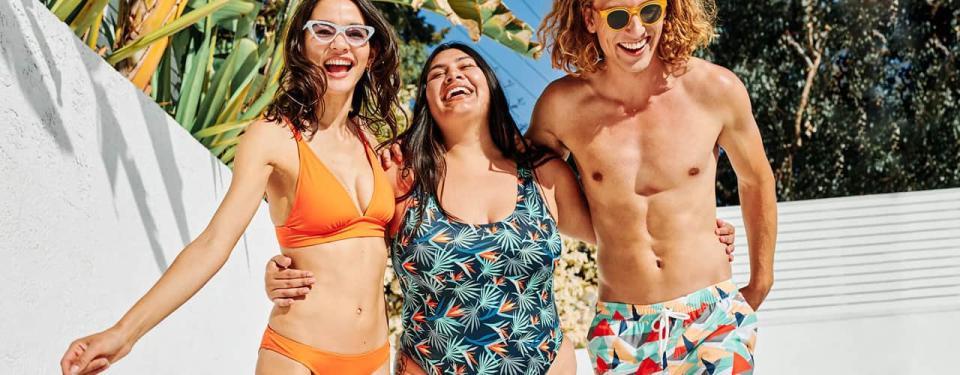 MeUndies men's and women's swim suits bold colorful patterns