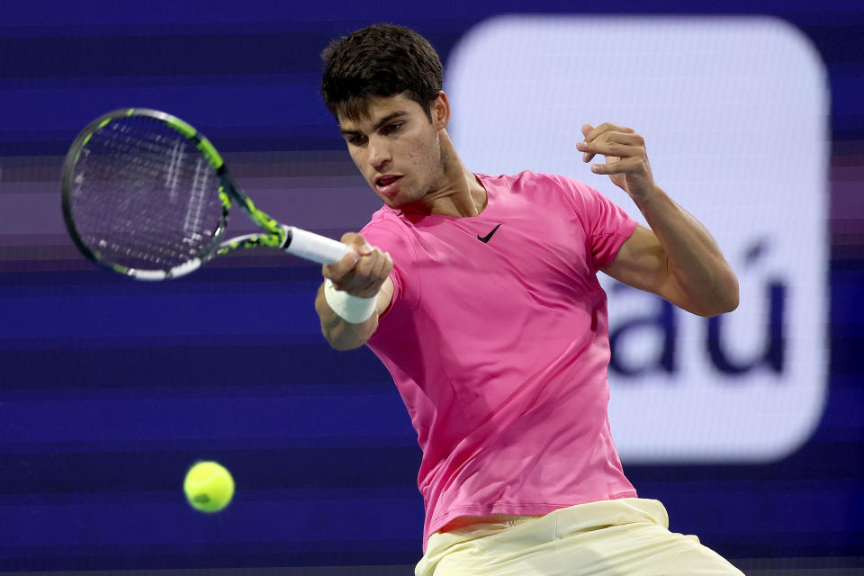 Carlos Alcaraz, pictured here in action against Taylor Fritz at the Miami Open.