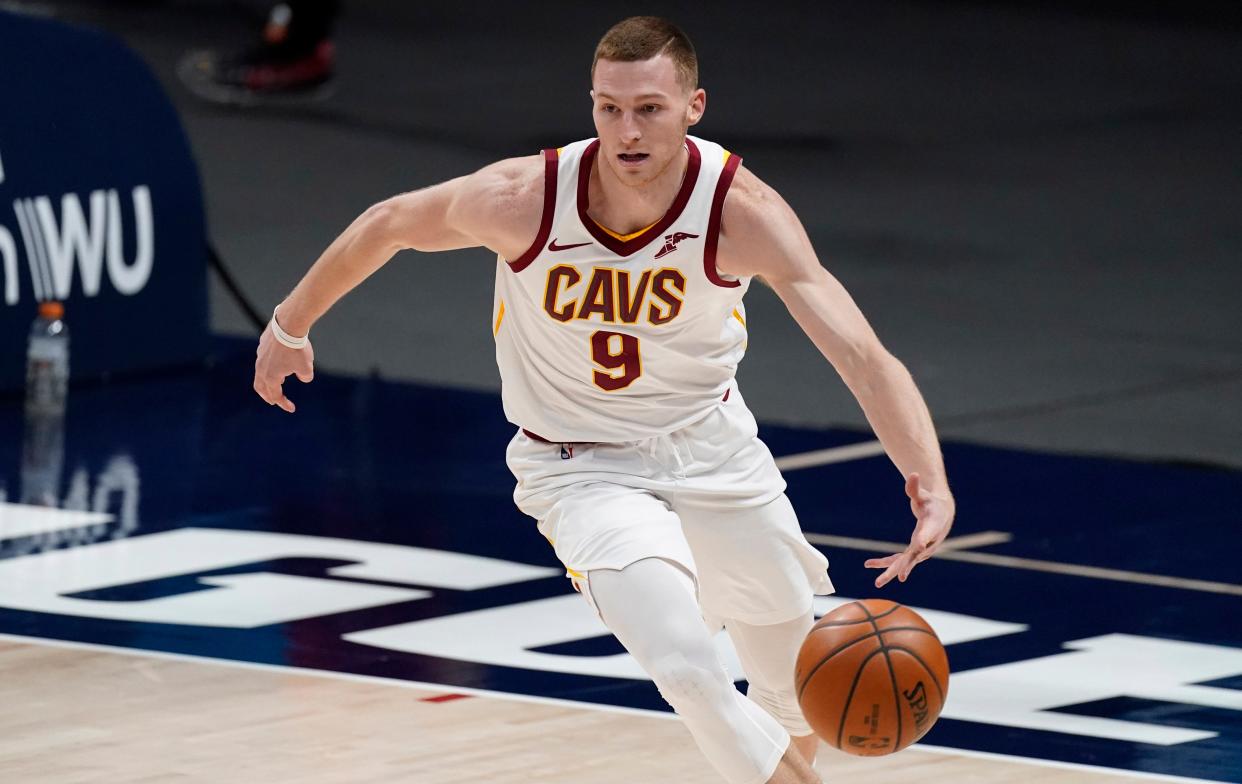 Cleveland Cavaliers guard Dylan Windler (9) in the second half of an NBA basketball game Wednesday, Feb. 10, 2021, in Denver. The Nuggets won 133-95. (AP Photo/David Zalubowski)