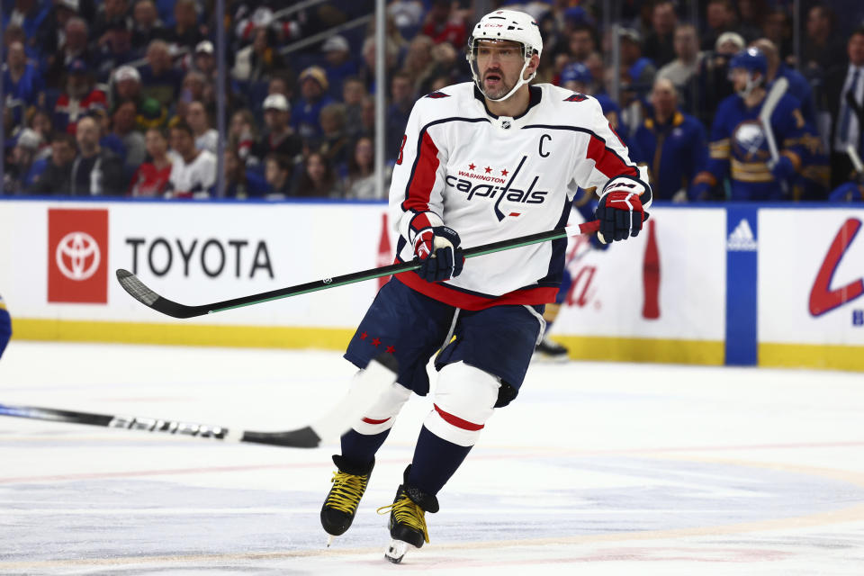 Washington Capitals left wing Alex Ovechkin skates in the zone during the first period of an NHL hockey game against the Buffalo Sabres, Thursday, April 11, 2024, in Buffalo, N.Y. (AP Photo/Jeffrey T. Barnes)