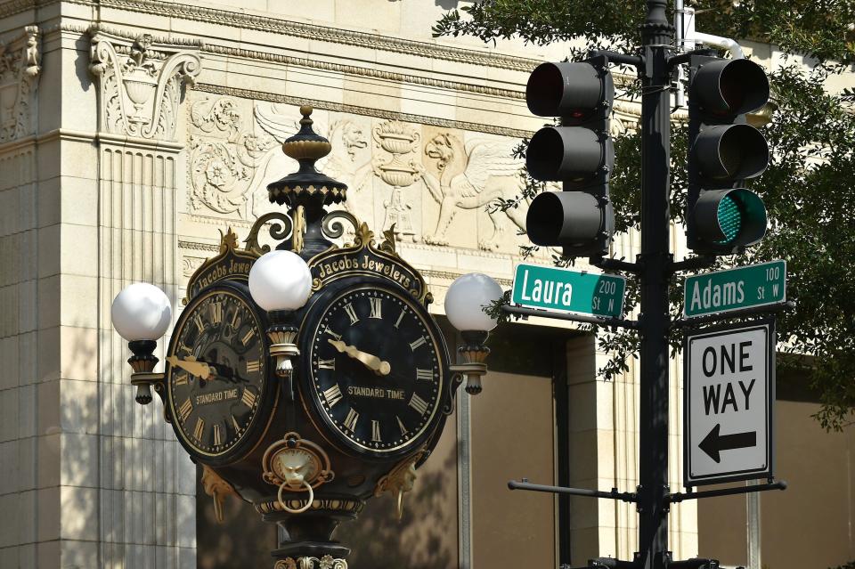 The iconic clock at the corners of North Laura and West Adams streets outside the Jacobs Jewelers store in downtown Jacksonville.