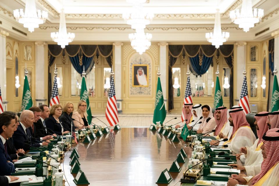 President Joe Biden participates in a working session with Saudi Crown Prince Mohammed bin Salman at the Al Salman Royal Palace, Friday, July 15, 2022, in Jeddah. (AP Photo/Evan Vucci) ORG XMIT: SAEV101