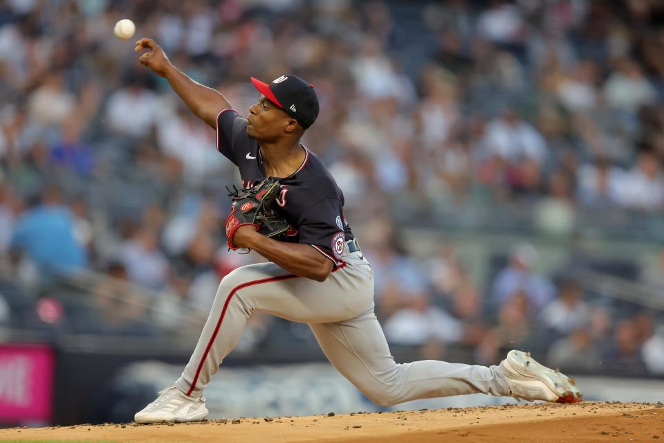 Washington Nationals starting pitcher Josiah Gray (40) pitches against the New York Yankees during the first inning at Yankee Stadium.