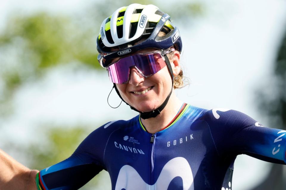 Annemiek Van Vleuten reacts crossing the finish line as her last race as professional rider during the 25th Simac Ladies Tour 2023 in Arnhem (Getty Images)