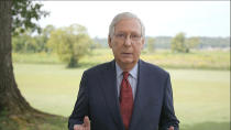 In this image from video, Senate Majority Leader Mitch McConnell of Ky., speaks during the fourth night of the Republican National Convention on Thursday, Aug. 27, 2020. (Courtesy of the Committee on Arrangements for the 2020 Republican National Committee via AP)