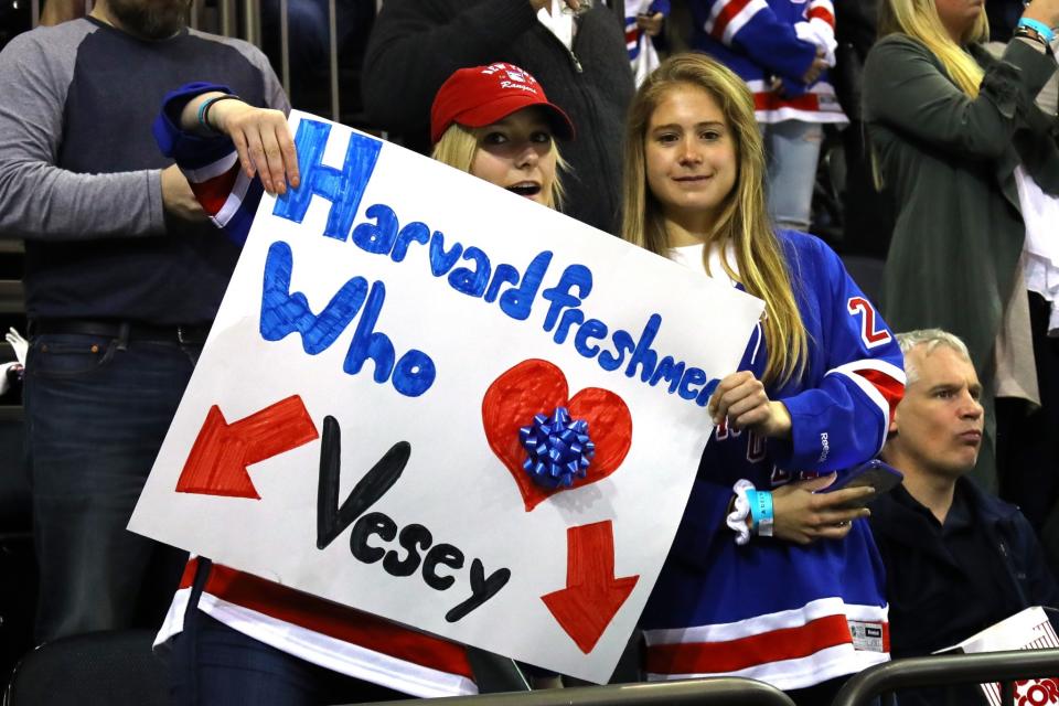 <p>New York Rangers fans hold a sign that reads, “Harvard Freshmen Who Heart Vesey” prior to in Game Six against the Ottawa Senators of the Eastern Conference Second Round during the 2017 NHL Stanley Cup Playoffs at Madison Square Garden on May 9, 2017 in New York City. (Photo by Bruce Bennett/Getty Images) </p>