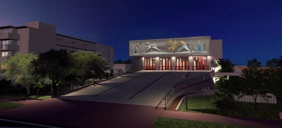 An architectural rendering shows a 1950s monumental mosaic mural that was saved from destruction in 2015 by Miami Beach preservationists at its planned new home at a South Beach fire station that will start construction in 2024. The mural, by artist Jack Stewart, depicts the Greek god Apollo flying his sun chariot across the sky. City of Miami Beach