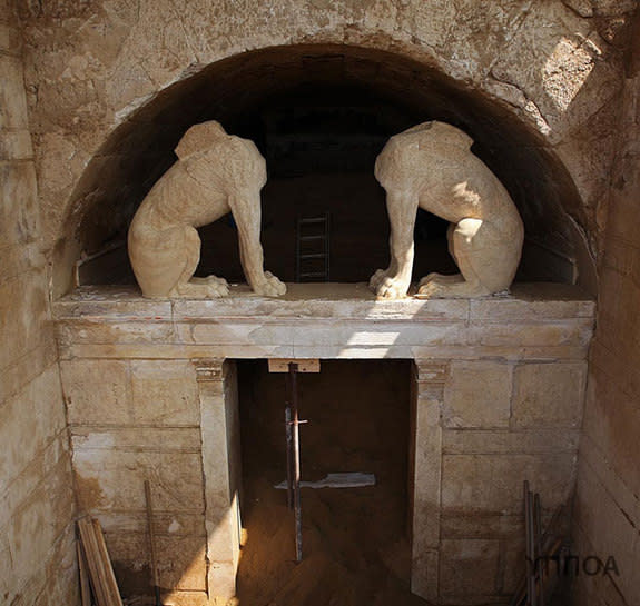 A tomb from the era of Alexander the Great in Amphipolis is guarded by two sphinxes, shown in this image released on Aug. 25, 2014, by the Greek Ministry of Culture.