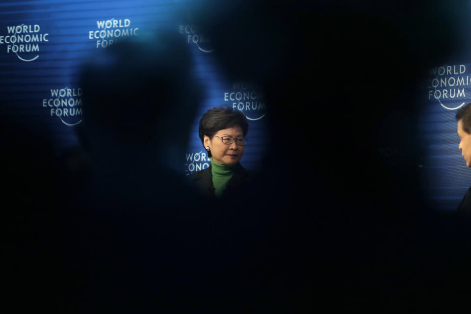 Hong Kong Chief Executive Carrie Lam takes part in a panel discussion at the World Economic Forum in Davos, Switzerland, Wednesday, Jan. 22, 2020. A preliminary test on a traveller from Wuhan China shows a positive result on the coronavirus in Hong Kong. (AP Photo/Markus Schreiber)