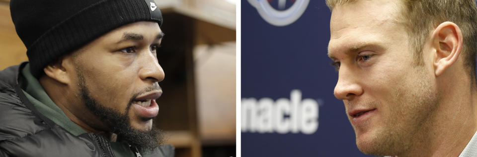 FILE - At left, in a Jan. 20, 2020, file photo, Tennessee Titans free safety Kevin Byard talks with reporters in the team locker room in Nashville, Tenn. At right, in a Dec. 8, 2019, file photo, Tennessee Titans quarterback Ryan Tannehill speaks at a news conference after an NFL football game against the Oakland Raiders in Oakland, Calif. The Tennessee Titans have started their offseason program using the same virtual technology that got the NFL through its draft, and quarterback Ryan Tannehill and safety Kevin Byard give an update of how this works Tuesday, April 28, 2020. (AP Photo/File)