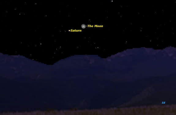 Saturn and the gibbous Moon rise together in the eastern sky this evening around 10:30 p.m.