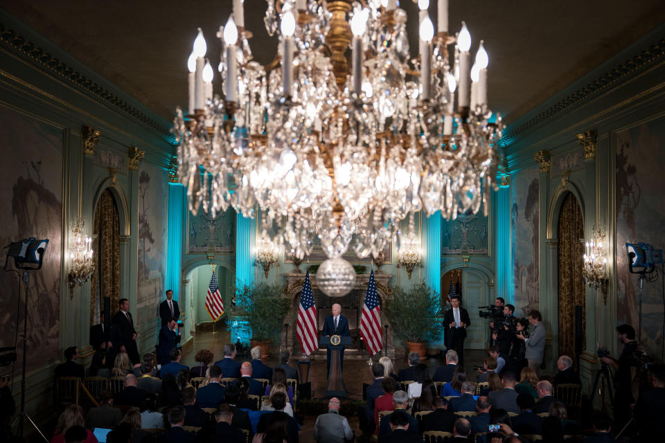 WOODSIDE, CALIFORNIA - NOVEMBER 15:  U.S. President Joe Biden delivers remarks at a news conference at the Filoli Estate on November 15, 2023 in Woodside, California. The news conference follows a meeting between Biden and Chinese President Xi Jinping during the Asia-Pacific Economic Cooperation (APEC) Leaders' week, their first since meeting at the Indonesian island resort of Bali in November 2022. (Photo by Kent Nishimura/Getty Images)