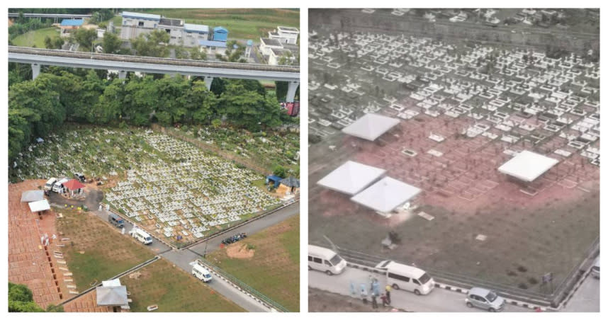 網友分享馬來西亞當地墓園在一年之間的變化，左圖為一年後、右圖為一年前。（圖／翻攝自推特）