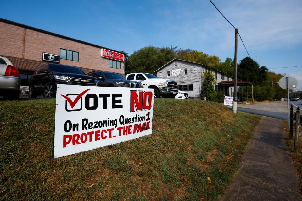 A signs along South Lone Pine Avenue in the Galloway Neighborhood in opposition of Question 1 on Wednesday, Oct. 12, 2022. Question 1 takes a rezoning proposal for a mixed-use development across from Sequiota Park to voters on the November ballot. 