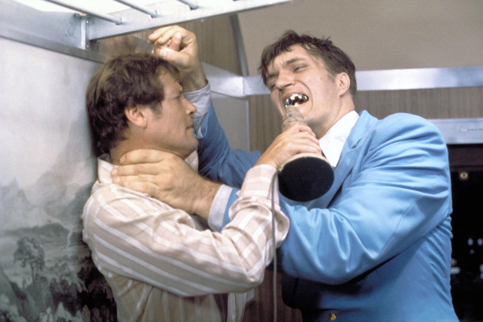 Actors Roger Moore and Richard Kiel on the set of 