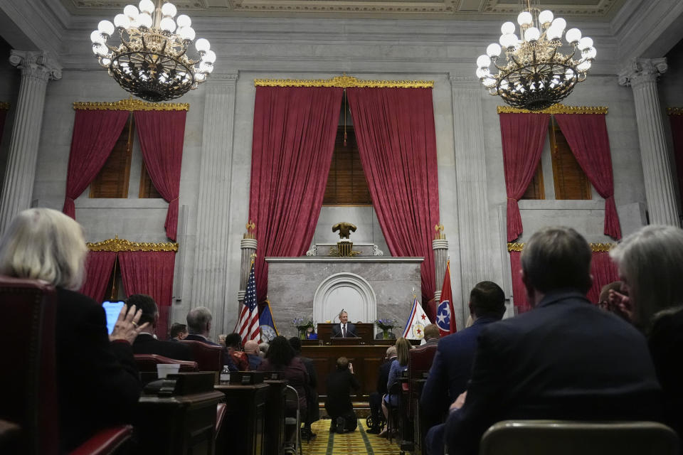 FILE - Gov. Bill Lee delivers his State of the State address in the House chamber Monday, Feb. 5, 2024, in Nashville, Tenn. Lee used the address to renew his school voucher expansion push, which requires legislative action. Bills are being considered this session, but the current program barely passed even with a Republican supermajority and then had to survive a lawsuit. (AP Photo/George Walker IV, File)