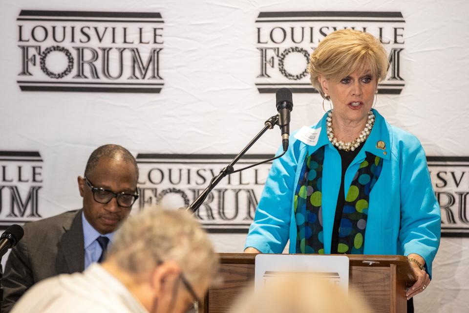 Rep. Jennifer Decker, a Republican who is a co-sponsoring a bill that she says will eradicate the Critical Race Theory from Kentucky classrooms, speaks at Vincenzo's during the "Should our schools teach critical race theory" debate at the Louisville Forum opposite University of Louisville law professor Cedric Powell. July 21, 2021