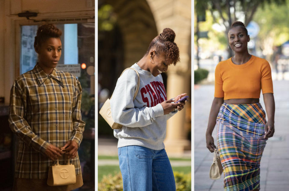 three images, each of issa wearing a small cream bag with different outfits