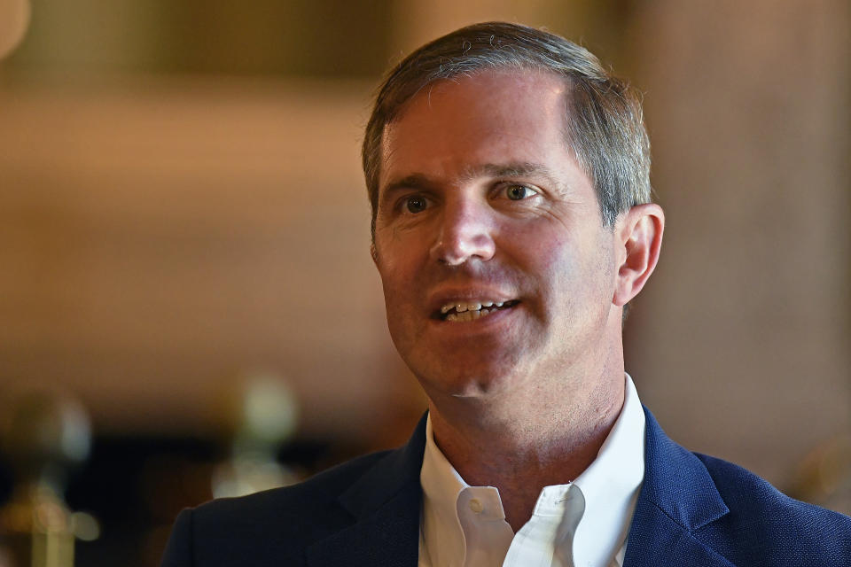 Kentucky Governor Andy Beshear speaks about the status of the construction of the Blue Oval SV Battery Plant during an interview at the Kentucky State Capitol in Frankfort, Ky., Thursday, June 6, 2024. (AP Photo/Timothy D. Easley)