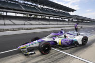 Takuma Sato, of Japan, leaves the pits during practice for the Indianapolis 500 auto race at Indianapolis Motor Speedway, Tuesday, May 17, 2022, in Indianapolis. (AP Photo/Darron Cummings)