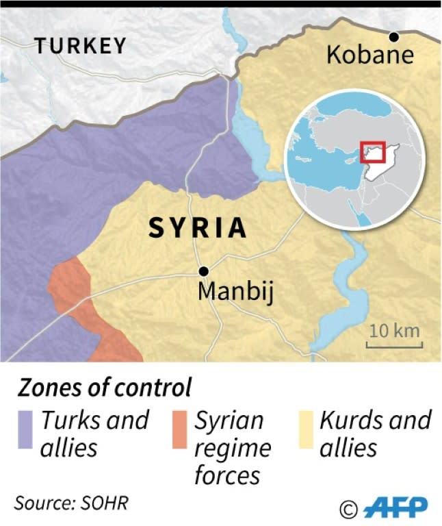 Map locating the city of Manbij, in Syria, and surrounding zones of control