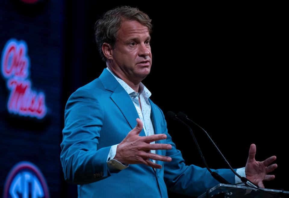 Ole Miss Head Coach Lane Kiffin speaks at the 2023 SEC Football Kickoff Media Days at the Nashville Grand Hyatt on Broadway, Thursday, July 20, 2023.