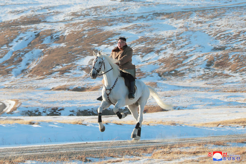 North Korean leader Kim Jong Un rides a horse during snowfall in Mount Paektu in an image released by North Korea's Korean Central News Agency (KCNA) on Oct. 16, 2019. / Credit: KCNA/REUTERS