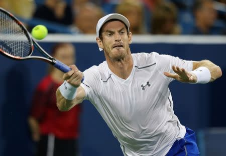 Aug 17, 2016; Mason, OH, USA; Andy Murray (GBR) returns a shot against Juan Monaco (ARG) on day five during the Western and Southern tennis tournament at Linder Family Tennis Center. Aaron Doster-USA TODAY Sports