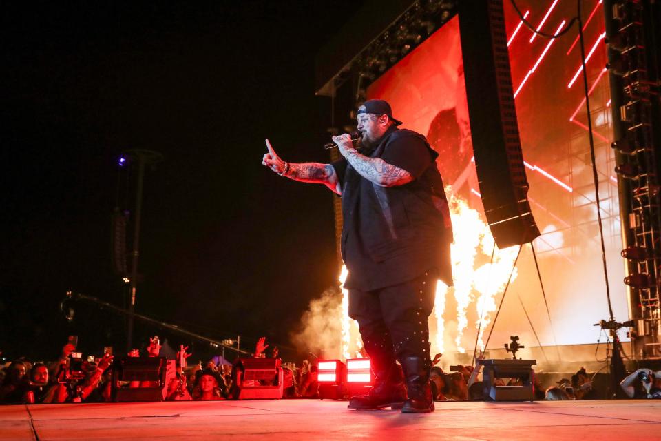 Jelly Roll performs on the Mane Stage during Stagecoach in Indio, Calif., on Friday, April 26, 2024.