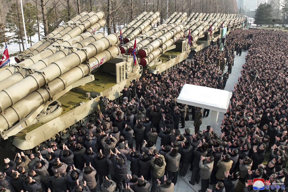 In this photo provided by the North Korean government, a ceremony of donating 600mm super-large multiple launch rocket system is held at a garden of the Workers’ Party of Korea headquarters in Pyongyang, North Korea Saturday, Dec. 31, 2022. Independent journalists were not given access to cover the event depicted in this image distributed by the North Korean government. The content of this image is as provided and cannot be independently verified. Korean language watermark on image as provided by source reads: "KCNA" which is the abbreviation for Korean Central News Agency. (Korean Central News Agency/Korea News Service via AP)