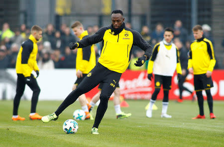 Soccer Football - Usain Bolt participates in a training session with Borussia Dortmund - Strobelallee Training Centre, Dortmund, Germany - March 23, 2018 Usain Bolt during Borussia Dortmund training REUTERS/Thilo Schmuelgen