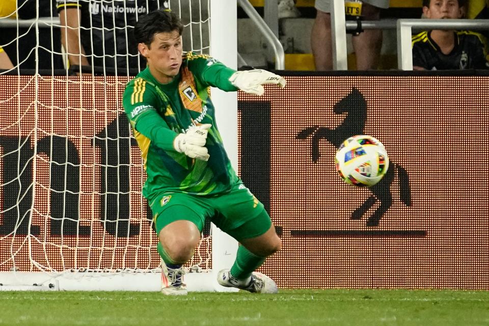 Jul 17, 2024; Columbus, OH, USA; Columbus Crew goalkeeper Nicholas Hagen (1) makes a save during the second half of the MLS soccer game against Charlotte FC at Lower.com Field. The teams tied 1-1.