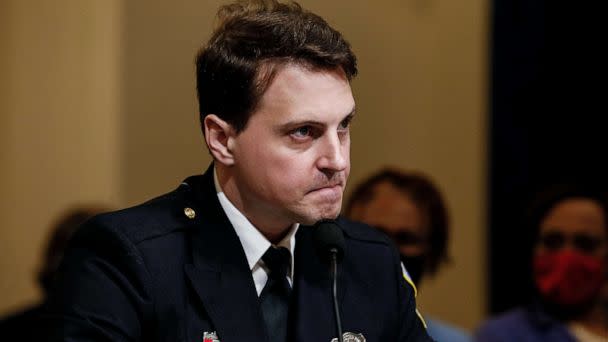 PHOTO: Metropolitan Police Department Officer Daniel Hodges testifies during the opening hearing of the U.S. House (Select) Committee investigating the Jan, 6 attack on the U.S. Capitol, July 27, 2021, on Capitol Hill in Washington, D.C. (Jim Bourg/Pool via Reuters, FILE)