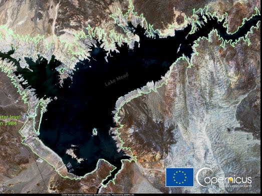 A satellite image captured by the Copernicus Sentinel-2 satellite of Lake Mead in Nevada, including an outline in green of the lake’s level in 1984.  (Copernicus Sentinel-2 satellite)
