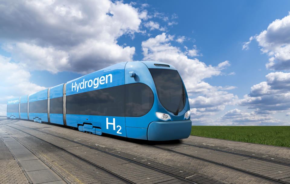 A hydrogen fuel cell train stands at the station