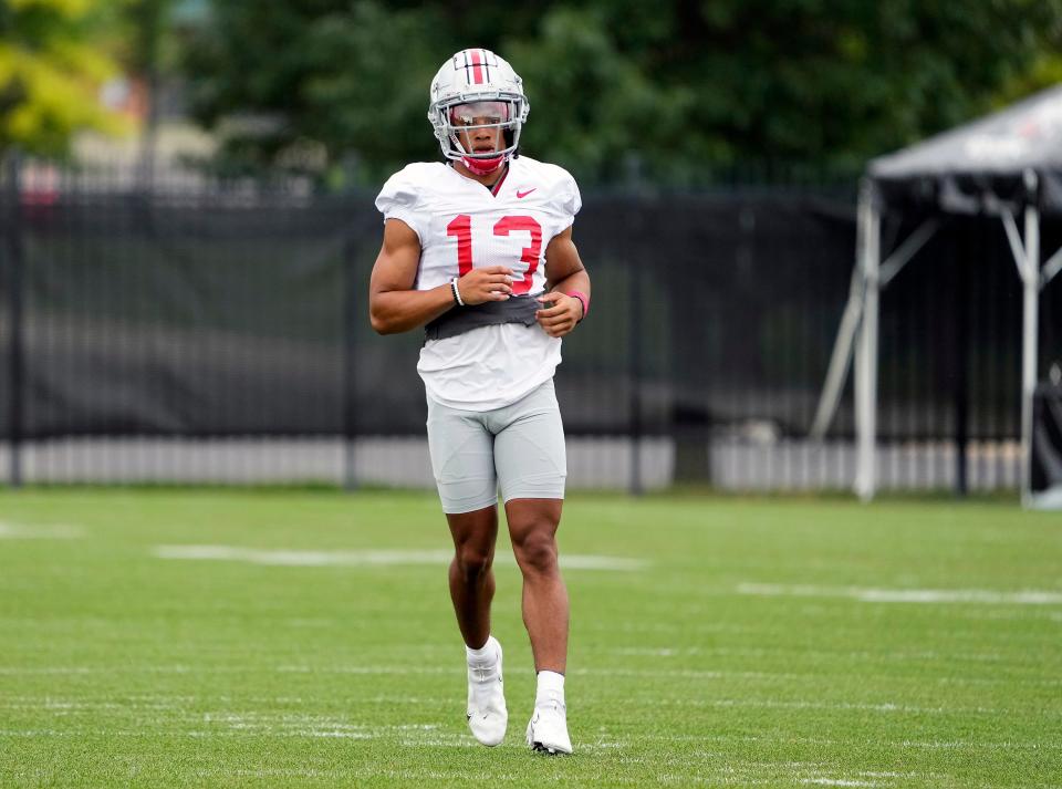 Aug 5, 2022; Columbus, OH, USA; Ohio State Buckeyes safety Cameron Martinez (13) during practice at Woody Hayes Athletic Center in Columbus, Ohio on August 5, 2022.