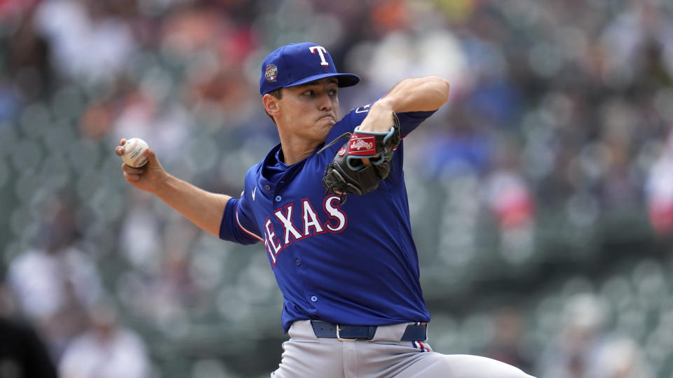 Texas Rangers pitcher Jack Leiter throws against the Detroit Tigers in the third inning of a baseball game, Thursday, April 18, 2024, in Detroit. (AP Photo/Paul Sancya)