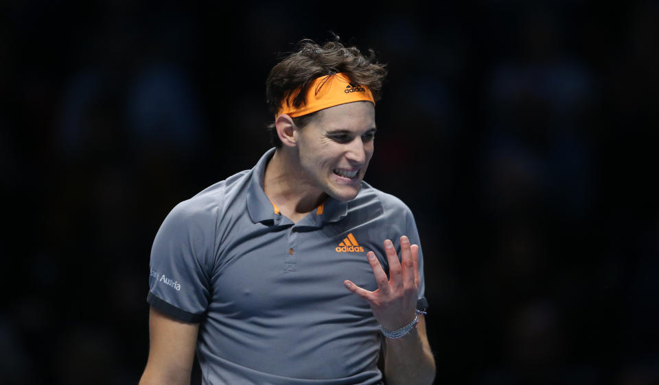 LONDON, ENGLAND - NOVEMBER 10: Dominic Thiem during his Group Bjorn Borg match against Roger Federer during Day 1 of the Nitto ATP World Tour Finals at The O2 Arena on November 10, 2019 in London, England. (Photo by Rob Newell - CameraSport via Getty Images)