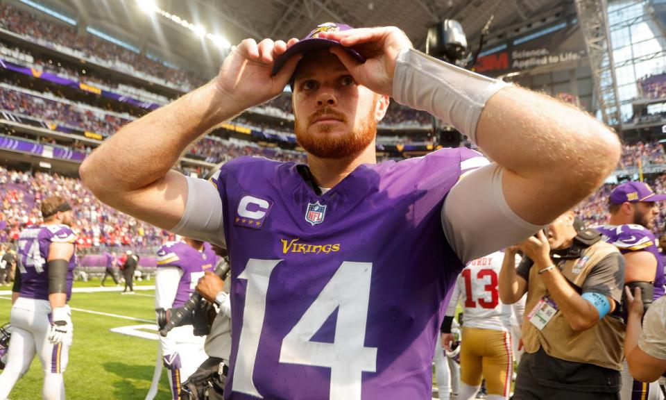 <span>Sam Darnold, pictured after the Vikings’ win over the San Francisco 49ers earlier this season, is enjoying the best form of his career.</span><span>Photograph: Bruce Kluckhohn/AP</span>