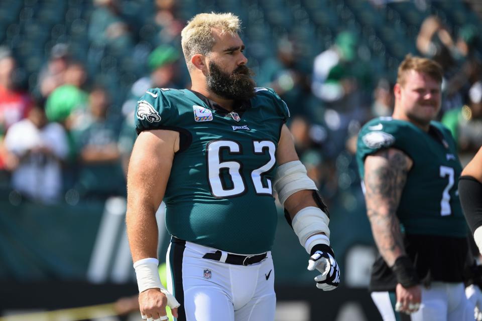 Philadelphia Eagles center Jason Kelce (62) looks on during pre-game warm-ups before an NFL football game Kansas City Chiefs, Sunday, Oct. 3, 2021, in Philadelphia.