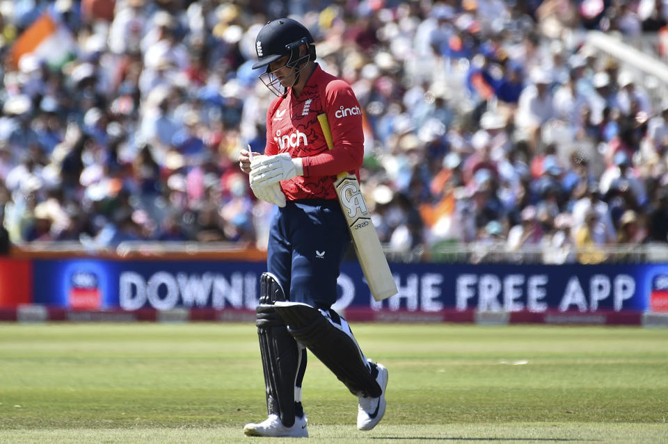 England's Jason Roy after being dismissed by India's Umran Malik during the third T20 international cricket match between England and India at Trent Bridge in Nottingham, England, Sunday, July 10, 2022. (AP Photo/Rui Vieira)