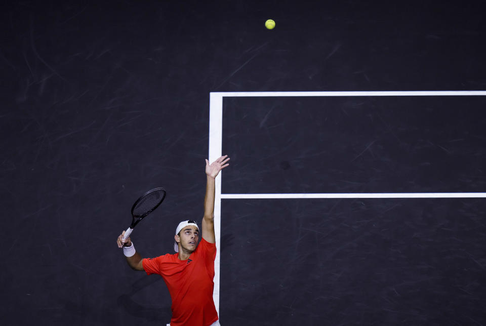Team World's Francisco Cerundolo serves to Team Europe's Alejandro Davidovich Fokina during a Laver Cup tennis match Friday, Sept. 22, 2023, in Vancouver, British Columbia. (Darryl Dyck/The Canadian Press via AP)